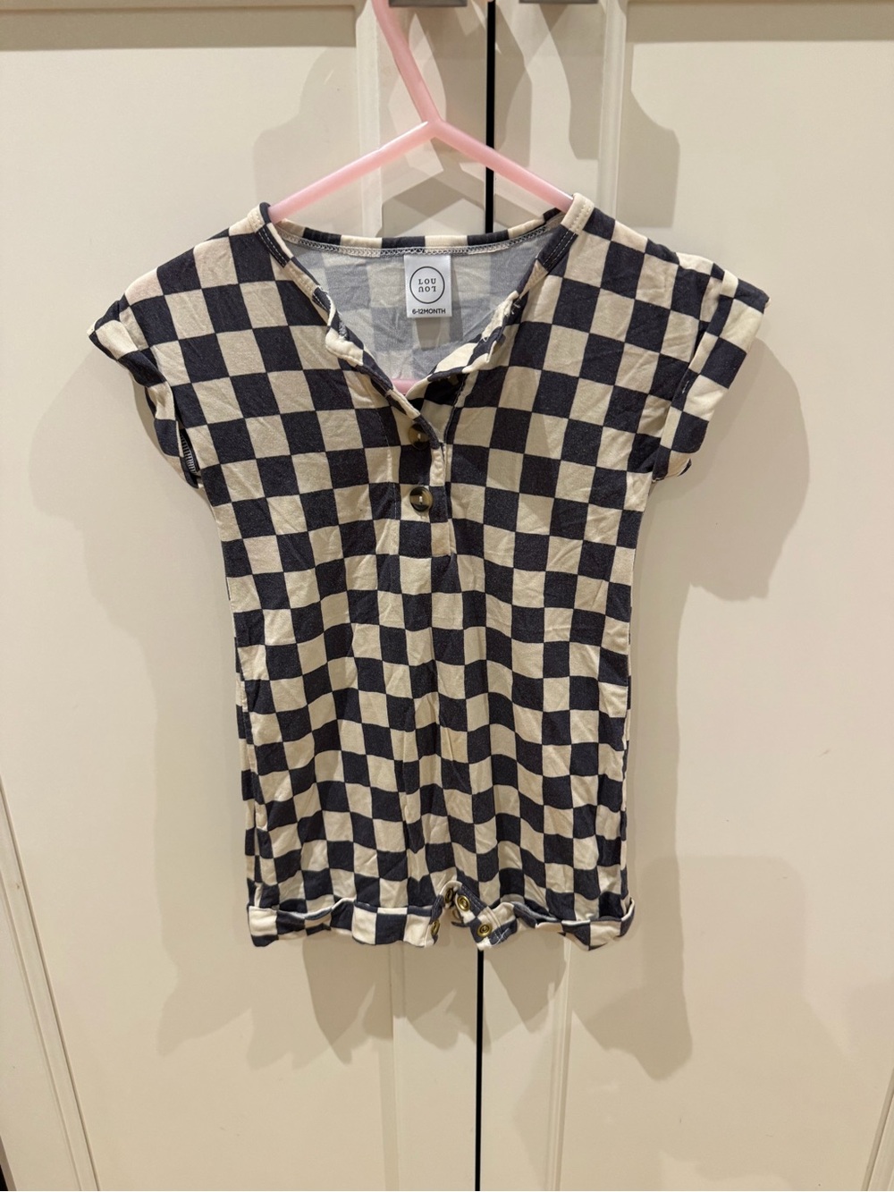 Lou & Grey Kids Checkerboard Short-Sleeve Romper in Navy and Cream